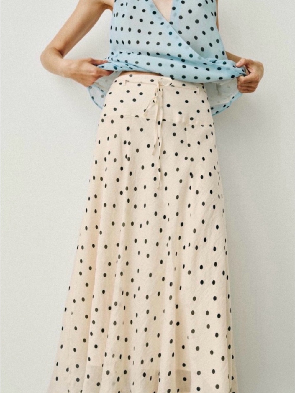 Zara Cream Black Polka Dot Cream A-Line Maxi Skirt w Tie NWT